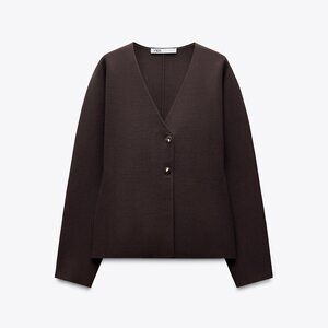 ZARA KNIT WRAP CARDIGAN, Brown, Size S